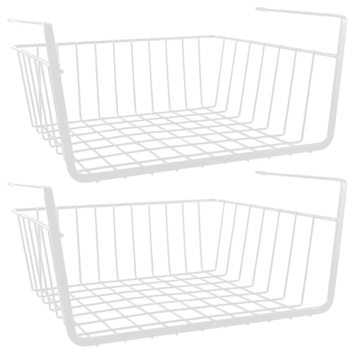LDXDRU Cesta de almacenamiento para estante inferior de 32 cm, 2 cestas colgantes de metal, cesta colgante debajo del armario, cesta colgante de metal, cesta para cocina, oficina, despensa, baño