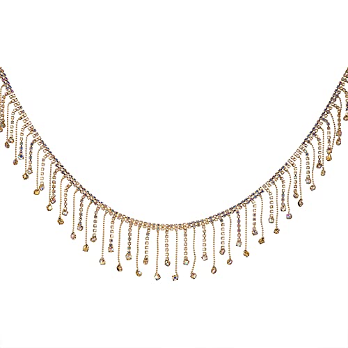 WEWAYSMILE 1 Yard Rhinestone Ribbon Tassel Chain, Diamond Crystal Long Tassel Trim, Rhinestone Fringe Trim