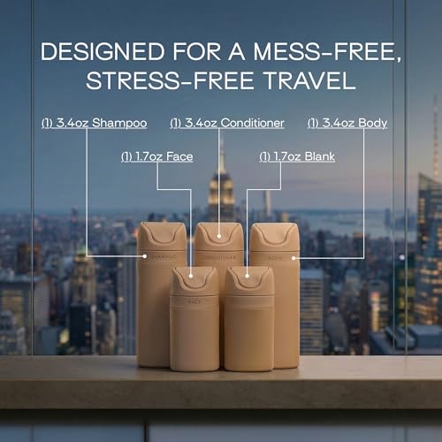 Image of RIES Essential Refillable Toiletry Travel Bottles Airless Pump Set | TSA Approved, Leak Proof Airless Pump, BPA Free Recycled Plastic, 5 Piece Sand Color Set, Dishwasher Safe