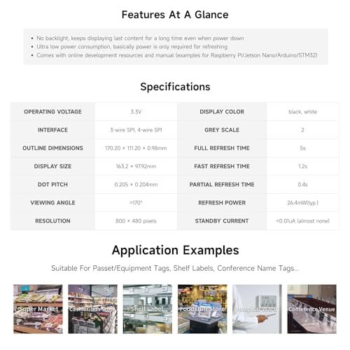 Waveshare 7.5 Inch E-Paper Raw Display Panel V2 800x480 Resolution 3.3V E-Ink Electronic Paper Screen Without PCB with Embedded Controller,Communicating via SPI Interface