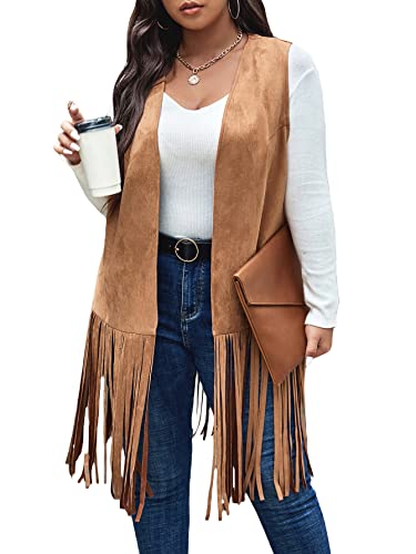 WDIRARA Women's Plus Size Fringe Hem Faux Suede Open Front Cardigan Vest Coat