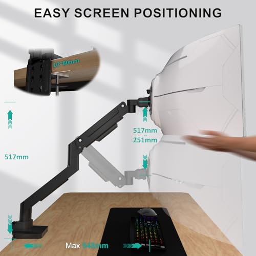WALI Ultrawide Monitor Arm for 13 to 49 Inch Heavy Duty Curved Screens, Holds 33 Lbs, Adjustable Gas Spring Single Monitor Desk Mount with C-Clamp, Grommet Base, 75x75/100x100 VESA, (GSM001XL), Black