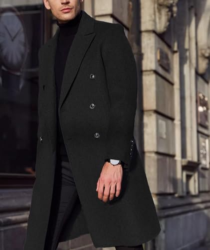 SOMTHRON Men's Casual Trench Coat Slim Fit Double Breasted Notched Collar Peacoat Winter Long Jacket Overcoat, Black, XL