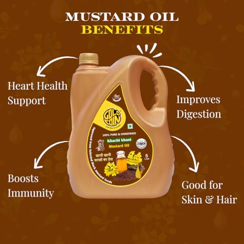 Image of GOLD COIN Wood Cold Pressed Mustard Oil 5 Litre | Kacchi Ghani Sarso Ka Tel | Black Mustard Seeds | A1 Grade | Unrefined | Omega-3 ALA | 0 Trans Fat | Pure Cooking Oil for Frying, Pickling & Daily Use