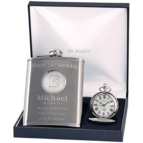 Engraved 18th Birthday Pocket Watch and Hip Flask Set Cover