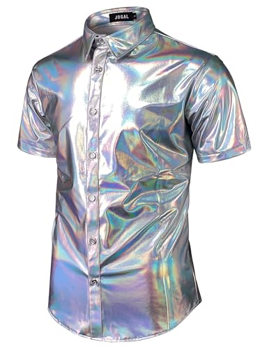 JOGAL Men's 70s Disco Shiny Metallic Gold Silver Short Sleeve Button Down Shirt