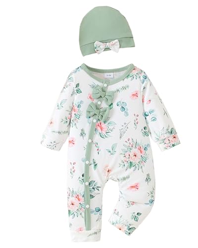 Image of Mioglrie Newborn Baby Girl Clothes Long Sleeve Romper Infant Fall Winter Outfits Floral Hat Jumpsuit Preemie Girl Clothes