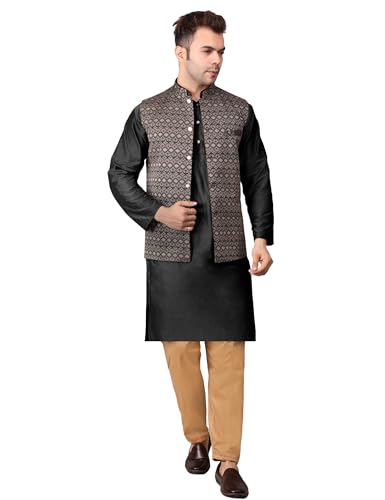 Image of Men's Cotton Silk Blend Regular Kurta Pyjama, Embroidered Nehru Jacket /Waistcoat Set