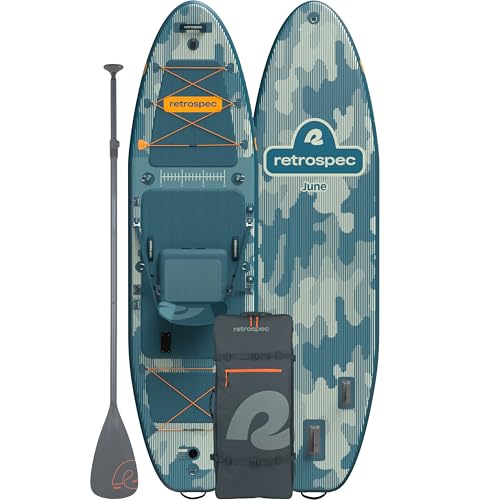 Retrospec June Inflatable Fishing Paddle Board 116 with Removable Seat Puncture-Resistant Paddle Board for Fishing with Rod Holders Non-Slip Deck Pad & Accessories