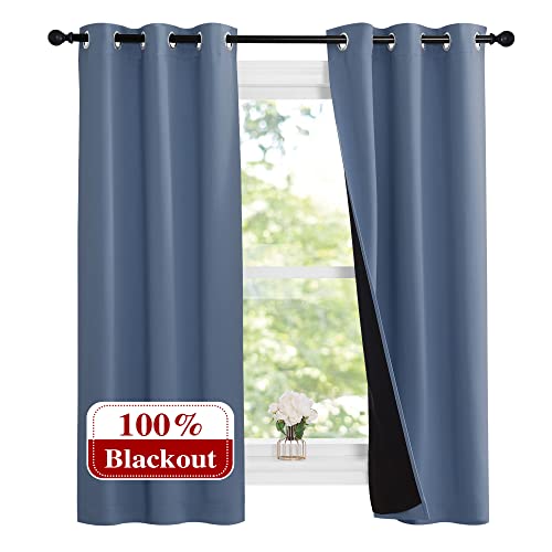 NICETOWN Stone Blue 100% Blackout Small Curtains 63 inches Long, Thermal Insulated Full Blackout 2-Layer Lined Drapes, Energy Efficiency Window Draper