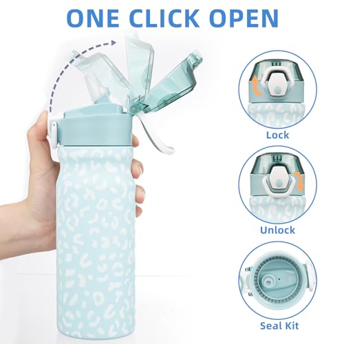 Image of BJPKPK 18 oz Water Bottle with Straw & Handle, Insulated Stainless Flask | Leak Proof Locking Lid, Thermal, Double Wall Vacuum, Metal, Keeps Hot /Cold, BPA Free, Travel & Sports, Light Blue Leopard