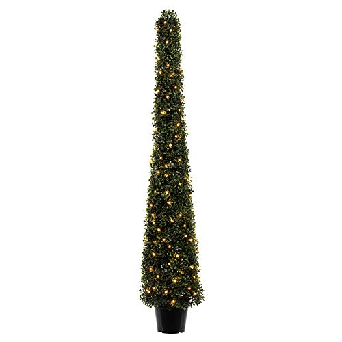 Vickerman Everyday Artificial Pre-Lit Boxwood Topiary Cone 5' Tall - UV Resistant Indoor Outdoor - Potted Natural Green - Faux Tree Decoration Home Patio Entryway