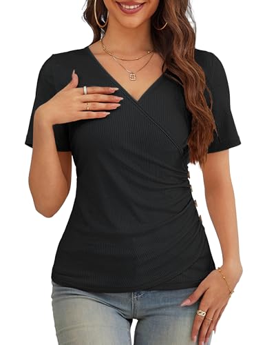 VOIANLIMO Women's Summer Tops Short Sleeve Slim Fitted Deep V Neck Cross Wrap Tunic T-Shirt Side ruched Shirring Tees2