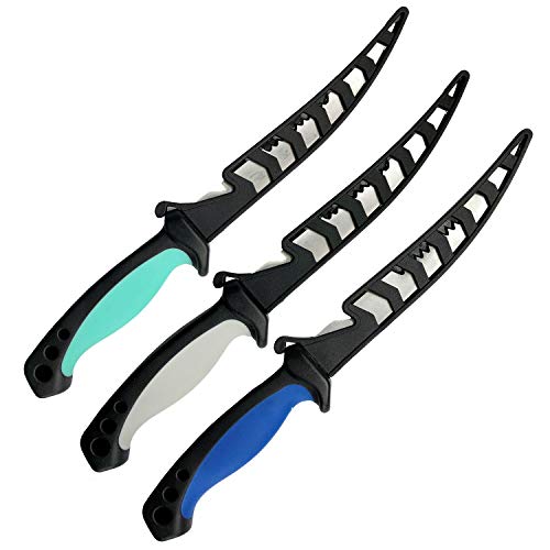 Black Anchor Fillet Knife 3-Pack | 6.5" Razor Sharp 3CR13 Stainless Steel Blade with Sheath (3PK Gray/Blue/Seafoam, 6.5)