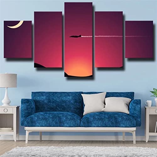 Toile Avion Rose Rouge pour Salon Moderne | Grand Tableau Mural Évasion Vol de Nuit 150x100 cm