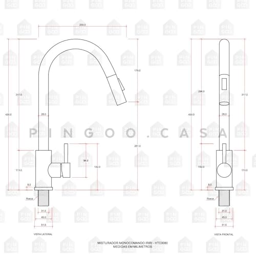 Pingoo.Casa, Torneira para Cozinha, Misturador Monocomando, Aço Inox 304, Escovado, Extensível, Irir