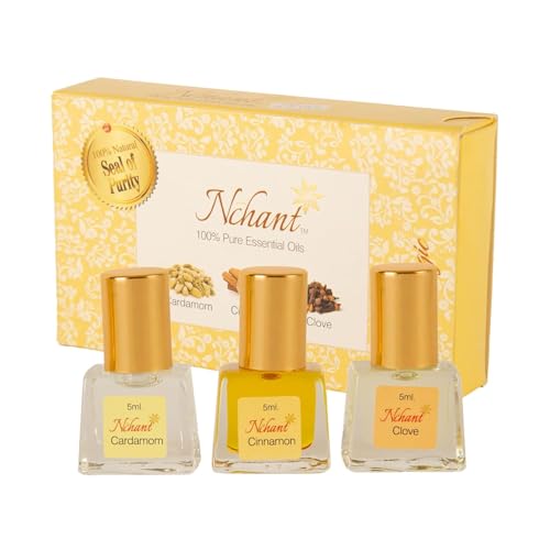 Image of N'chant Spice Magic Essential Oil Set of 3 (3 x 5ml) | Cardamom, Cinnamon and Clove | 100% Pure | Better Oral Health, Alleviate Headache | Use for Aromatherapy | Diffuser Usable
