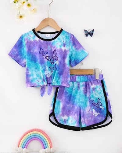 Image of Jecson Girls Summer Outfits 2Pcs Kids Clothes Girls Tie Knot Front Tops T-Shirts and Casual Short Sets 5-12Y