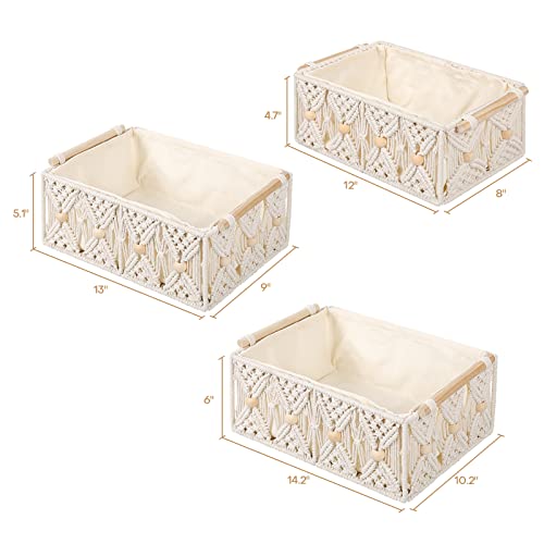 Lamorée Large Macrame Storage Baskets 3 Pcs Cotton Rope Hand Woven Bin Set With Natural Wooden Handles Boho Beads Decorative Wicker Boxes For Tabletop Shelves Home Office Nursery Organizer Container #TOP3