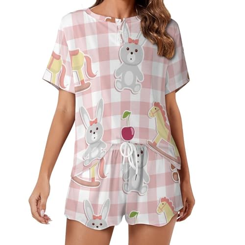 Ensemble de pyjama pour femme Bunny Bear Flowers en coton léger d'été