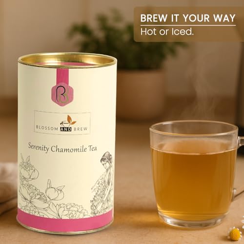 Image of Blossom & Brew Serenity Chamomile Tea - Premium Dried Chamomile Flowers for Tea - Naturally Caffeine-free Indian Floral Herbal Blend - Delicate Chamomile Tea for a Gentle Brew Hot or Iced (1.76oz)
