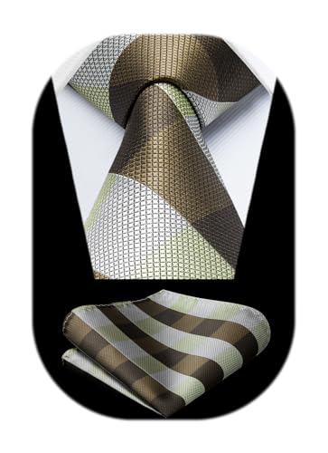 Image of HISDERN Ties for Men Plaid Checkered Tie with Pocket Square Woven Business Formal Necktie Handkerchief Set Wedding Party