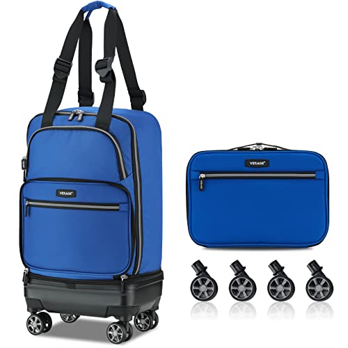 VERAGE Expandable Foldable Luggage Bag, Collapsible Rolling Travel Duffel Bag, Lightweight Suitcase with Detachable Spinner Wheels, Blue,21 Inch Expands into 24 Inch
