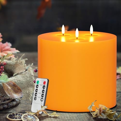 Bougie LED orange sans fumée ni coulure grand format 15x15 cm avec télécommande