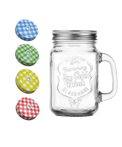 Image of Glass Mason Jar with Handle, Lid & Straw | 450ml Transparent Glass Mug for Juice, Milkshake, Smoothie & Mocktail | Leakproof BPA-Free Party Jar for Kitchen & Outdoor Use (PACK OF 1) (Multicolor)