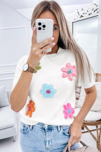 Breathable and Cozy White Short Sleeve Sweater with Floral Decoration3