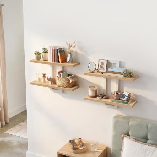 Image of HOOBRO 2-Tier Floating Shelves, 15 Inch Wall Shelf Set of 2 | Wall Mounted Storage Shelves, Hanging Bathroom Shelves, for Living Room, Bedroom, Bathroom, Kitchen, Natural and White