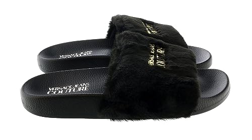 VERSACE JEANS COUTURE Black Faux Fur Signature Slides-2