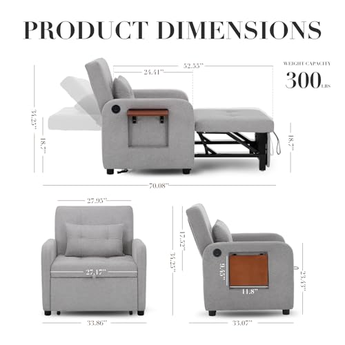 COLAMY Convertible Sleeper Chair-Fabric Futon Sofa Bed, Single Sleeper Sofa, Small Couch Bed with USB Port, Foldable Table, Pillow, Adjustable Backrest for Dorm/Bedroom/College Lightgrey by COLAMY - Used condition - Image 3