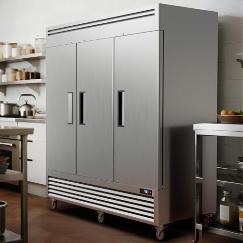 Image of Coolake 82 inch Commercial Reach-in Freezer 3 Solid Doors, 72 Cu.ft Stainless Steel Fan Cooling Upright Freezer 12 Adjustable Shelves, Commercial Freezer for Restaurant Kitchen Grocery Store Prep Area