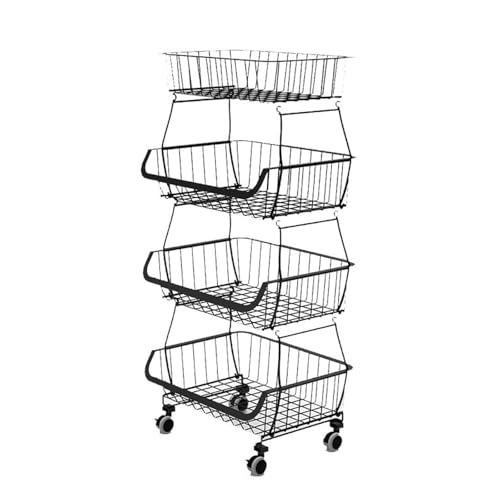 Genérico Cesta de Frutas de 4 Niveles, Cesta de Almacenamiento de Metal apilable, carritos de Cocina con Ruedas con Almacenamiento, Organizador de Frutas para Cocina, despensa, baño y Garaje