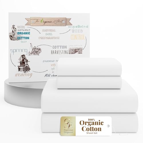 SUPREME ELEGANCE 4Pc 100% Organic Cotton Full Size Sheets Set, Snow White, 300 Thread Count, Percale Weave, Cooling, Deep Pocket Fitted Sheet, Crisp & Breathable Cotton Bedding, Hotel Style Bed Sheets