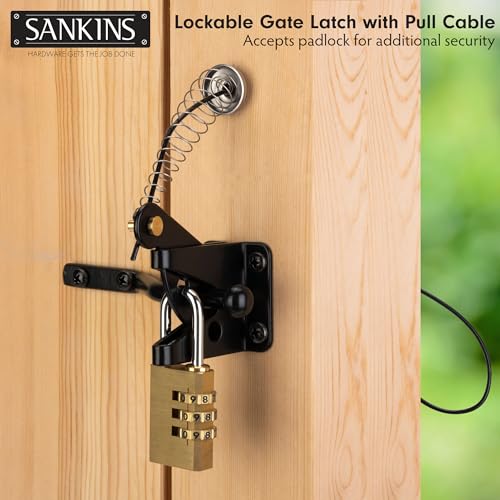 Image of Self-Locking Gate Latch with Spring Cable Pull for Wooden Fence Gate Heavy Duty, Post Mount Automatic Gravity Lever Gate Fence Door Latches for Wooden Fence Secure Pool Garden Shed, Black