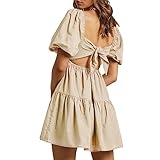 OWNGIGI Women's Summer Dress Square Neck Puffy Short Sleeve Loose Tie Back Casual A-Line Mini Dresses Beige