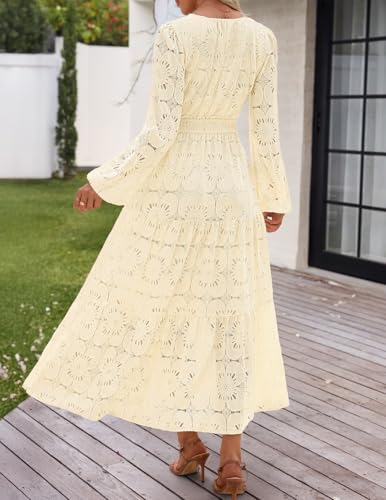 Image of MEROKEETY Women's Fall Long Sleeve Floral Maxi Dress Lace Eyelet Hollow Out Tiered Boho Wedding Guest Dresses Pockets