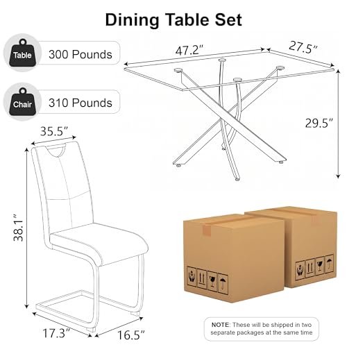 Image of 5 Piece Dining Table Set for 4, Modern Tempered Glass Kitchen Table with 4 Upholstered Chairs and Faux Leather Cushions, Space-Saving Small Apartment Dining Kitchen Room Set