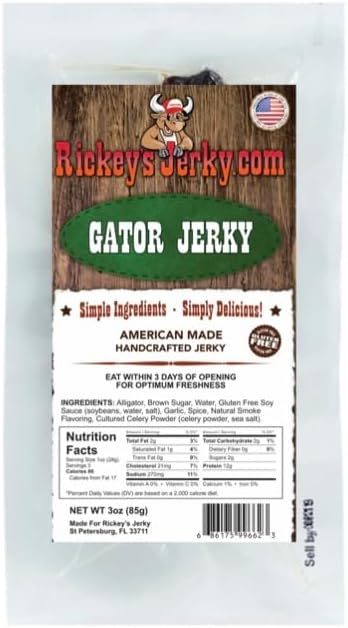 Rickey's Alligator Jerky, 100% Made From Solid Strips of Alligator, Exotic Wild Game Jerky, All Natural Meat, High Protein snack, Keto Friendly, Gluten Free, Simple Ingredients, exotic wild game jerky meat snack,, Perfect for Father's Day or that hard to buy for man in your life. (Gator)