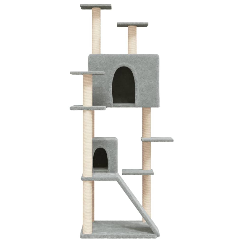 Kratzbaum 153 cm hoch mit 2 Katzenhöhlen und Sisal-Kratzsäulen, Katzenturm mit Leiter und weichen Liegeflächen, Stabiler Kletterbaum für Wohnungskatzen, Holzwerkstoff, Hellgrau