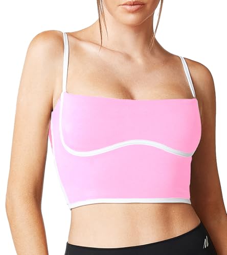 Image of Sleeveless Spaghetti Strap Padded Sports Bra Tank Tops Square Neck Double Layer Workout Fitness Basic Crop Tops