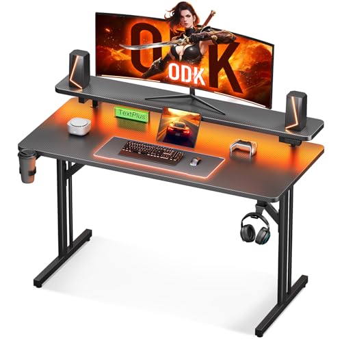 ODK Gaming Tisch, Kleiner Gaming Schreibtisch mit LED Beleuchtung, 100cm Computertisch mit Monitorablage, Carbon Fiber Schwarz PC Gamer Tisch