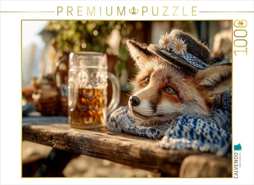 CALVENDO Puzzle Renard Amusant avec Chapeau Traditionnel et chope à Table | 1000 pièces - Taille de la Pose : 64 x 48 cm - Puzzle Photo pour des Heures heureuses