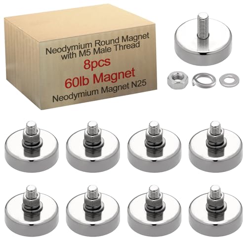 Image of Flutesan 8 Pieces Heavy Duty Round Mounting Magnet with Bolt 0.98in-60lb-M5 Silver with Male Thread Stud Strong Magnet Super Powerful for Lighting Camera Brackets License Plate