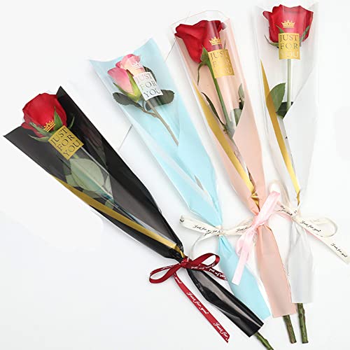 NatureMan 100 sacs / 4 couleurs Sac de rangement pour bouquet de fleurs à rose unique, papier d'emballage floral imperméable pour la fête des mères, la...