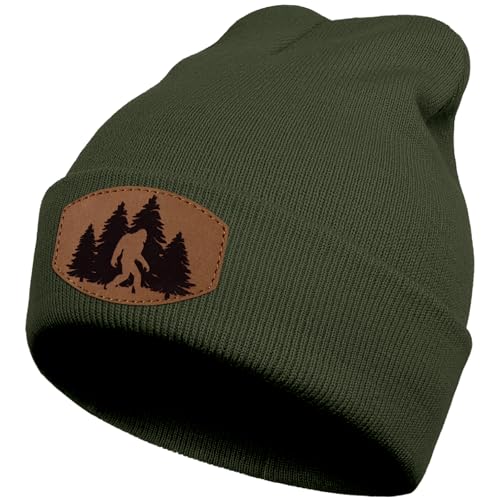Image of Big Foot Beanie Hat, Sasquatch Leather Patch Winter Knit Skull Cap Bigfoot Gifts for Adult Men Women