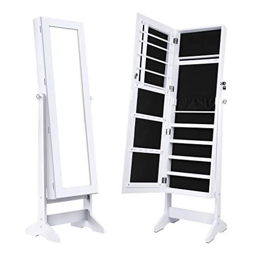 LANGRIA Lockable Jewelry Cabinet Standing Jewelry Armoire Organizer with Mirror, Full Length Standing Jewelry Storage, 4 Angle Adjustable, for Rings, Earrings, Bracelets, Broaches, White Finish