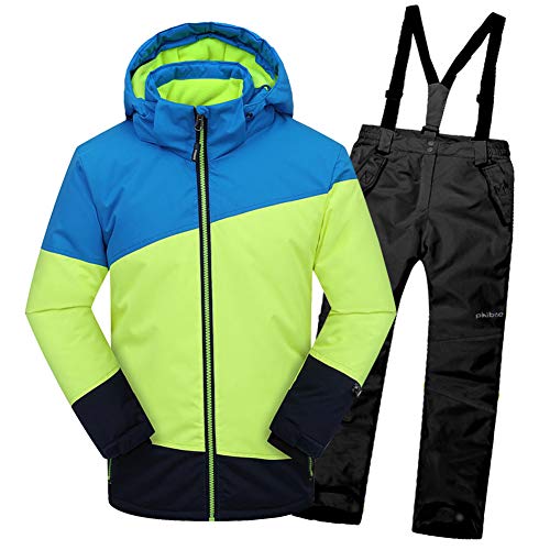 LSERVER Skianzug Jungen Kapuze Winddicht Wasserdicht Jacke + Skihose 2-teilige Mädchen Fleece Verdickt Winter Outdoor Schneekleidung, Gelbes Oberteil + Schwarze Hose, 158-164 Cover